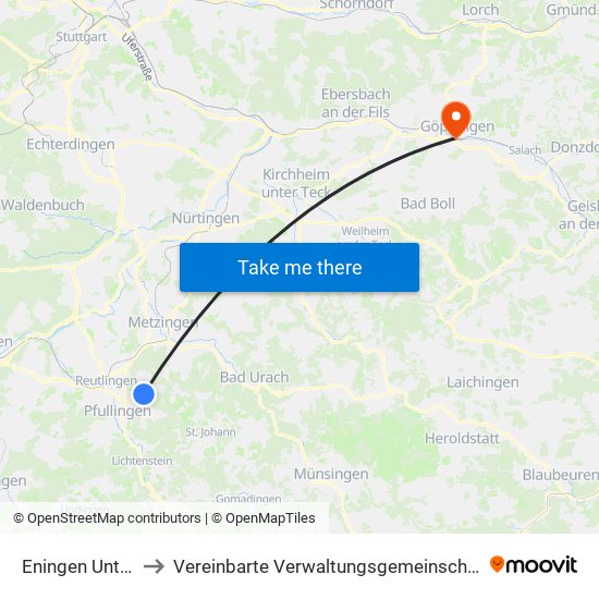 Eningen Unter Achalm to Vereinbarte Verwaltungsgemeinschaft Der Stadt Göppingen map