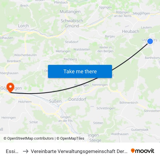 Essingen to Vereinbarte Verwaltungsgemeinschaft Der Stadt Göppingen map