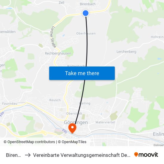 Birenbach to Vereinbarte Verwaltungsgemeinschaft Der Stadt Göppingen map