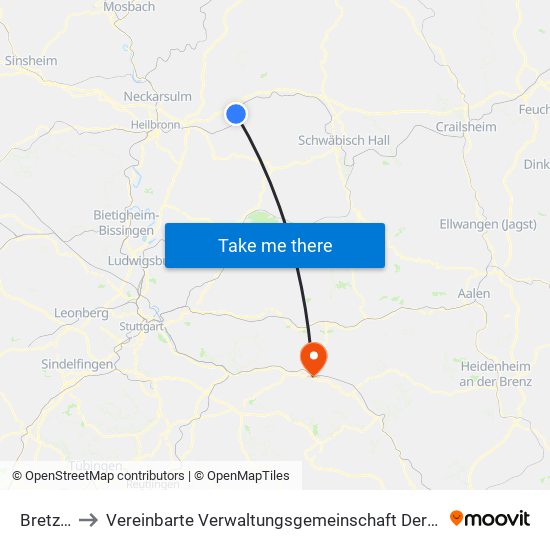 Bretzfeld to Vereinbarte Verwaltungsgemeinschaft Der Stadt Göppingen map