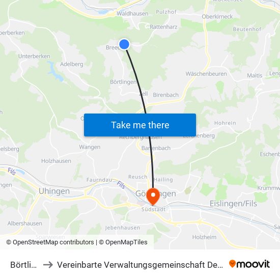 Börtlingen to Vereinbarte Verwaltungsgemeinschaft Der Stadt Göppingen map