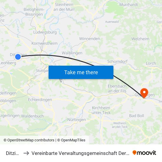 Ditzingen to Vereinbarte Verwaltungsgemeinschaft Der Stadt Göppingen map