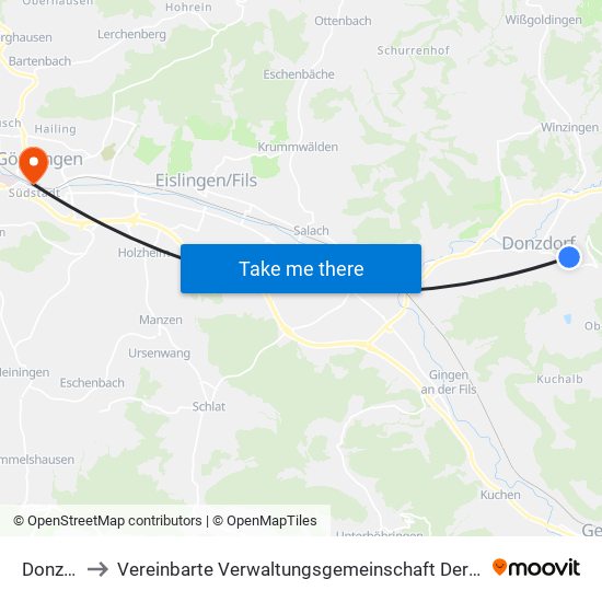 Donzdorf to Vereinbarte Verwaltungsgemeinschaft Der Stadt Göppingen map
