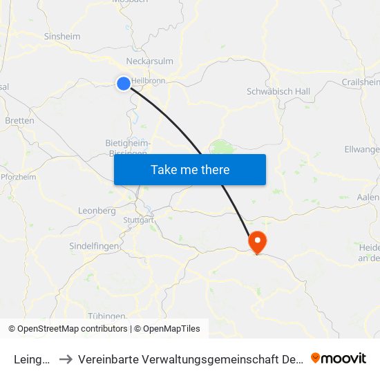 Leingarten to Vereinbarte Verwaltungsgemeinschaft Der Stadt Göppingen map