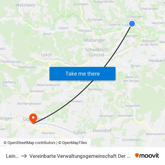 Leinzell to Vereinbarte Verwaltungsgemeinschaft Der Stadt Göppingen map