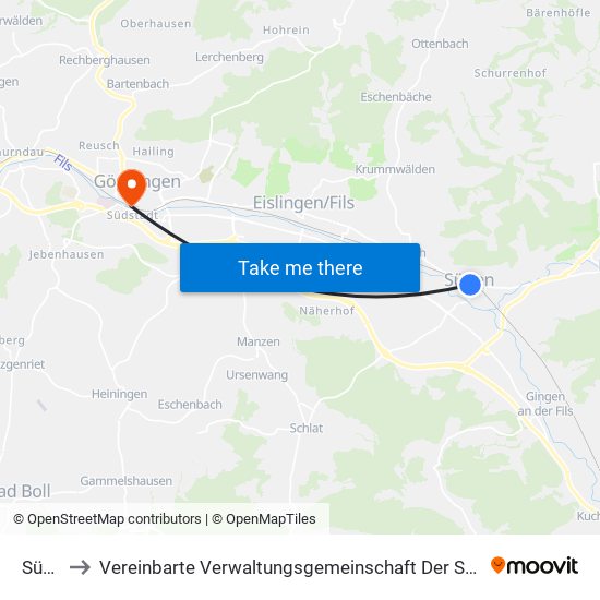 Süßen to Vereinbarte Verwaltungsgemeinschaft Der Stadt Göppingen map