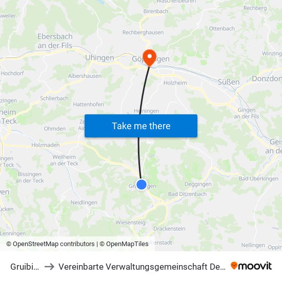Gruibingen to Vereinbarte Verwaltungsgemeinschaft Der Stadt Göppingen map