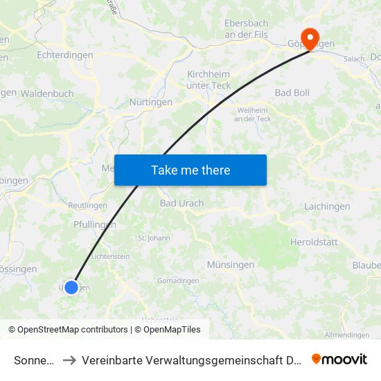 Sonnenbühl to Vereinbarte Verwaltungsgemeinschaft Der Stadt Göppingen map