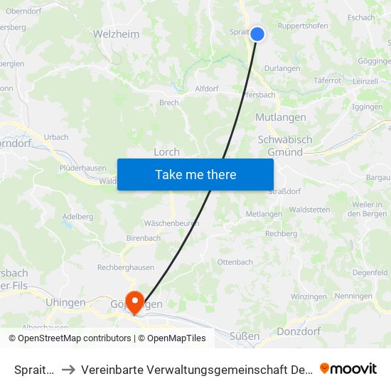 Spraitbach to Vereinbarte Verwaltungsgemeinschaft Der Stadt Göppingen map