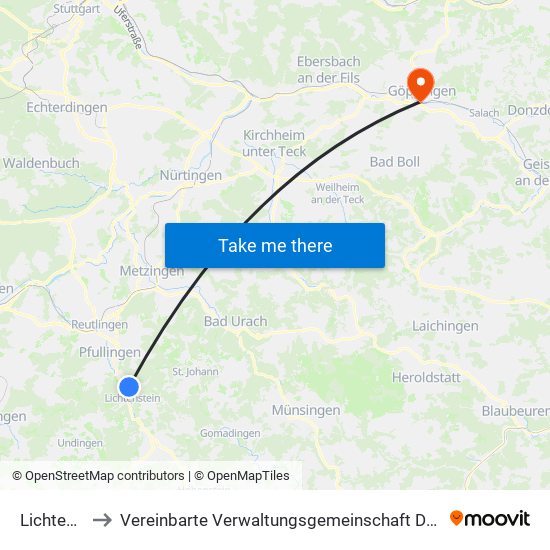 Lichtenstein to Vereinbarte Verwaltungsgemeinschaft Der Stadt Göppingen map