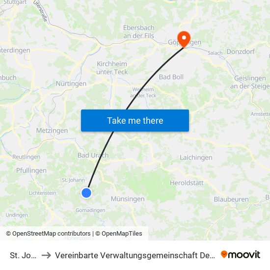 St. Johann to Vereinbarte Verwaltungsgemeinschaft Der Stadt Göppingen map