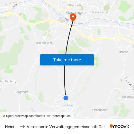 Heiningen to Vereinbarte Verwaltungsgemeinschaft Der Stadt Göppingen map