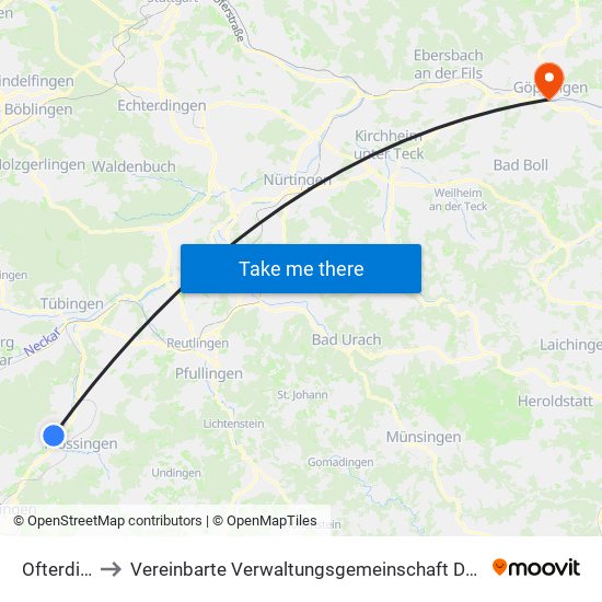 Ofterdingen to Vereinbarte Verwaltungsgemeinschaft Der Stadt Göppingen map