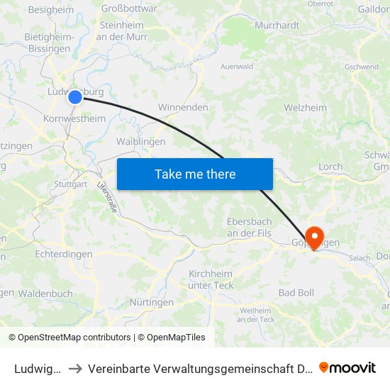 Ludwigsburg to Vereinbarte Verwaltungsgemeinschaft Der Stadt Göppingen map