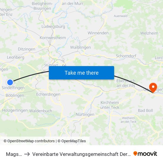 Magstadt to Vereinbarte Verwaltungsgemeinschaft Der Stadt Göppingen map