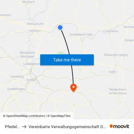 Pfedelbach to Vereinbarte Verwaltungsgemeinschaft Der Stadt Göppingen map