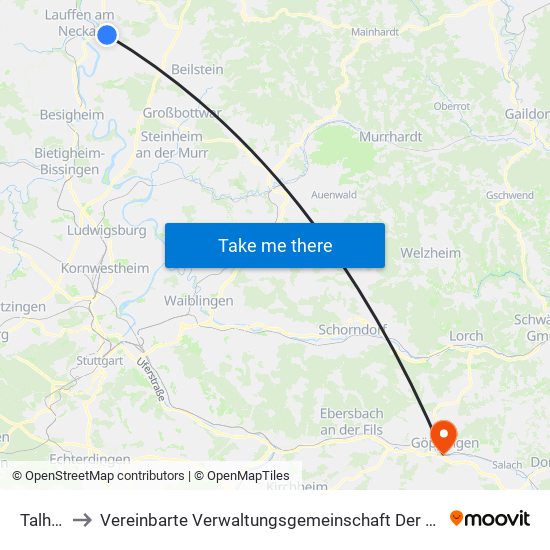 Talheim to Vereinbarte Verwaltungsgemeinschaft Der Stadt Göppingen map