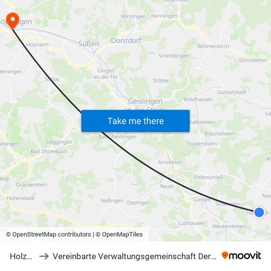 Holzkirch to Vereinbarte Verwaltungsgemeinschaft Der Stadt Göppingen map