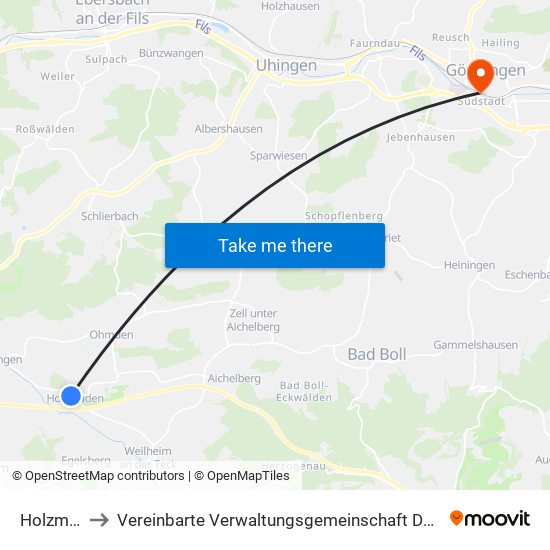 Holzmaden to Vereinbarte Verwaltungsgemeinschaft Der Stadt Göppingen map