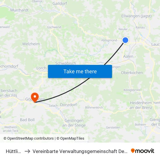 Hüttlingen to Vereinbarte Verwaltungsgemeinschaft Der Stadt Göppingen map