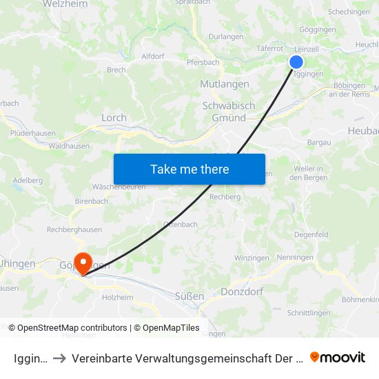 Iggingen to Vereinbarte Verwaltungsgemeinschaft Der Stadt Göppingen map