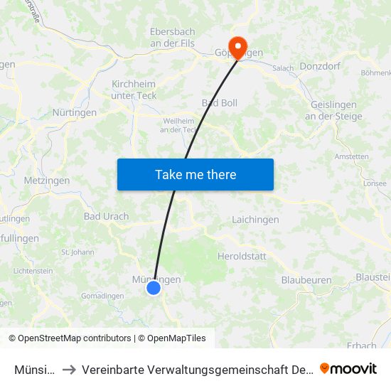 Münsingen to Vereinbarte Verwaltungsgemeinschaft Der Stadt Göppingen map