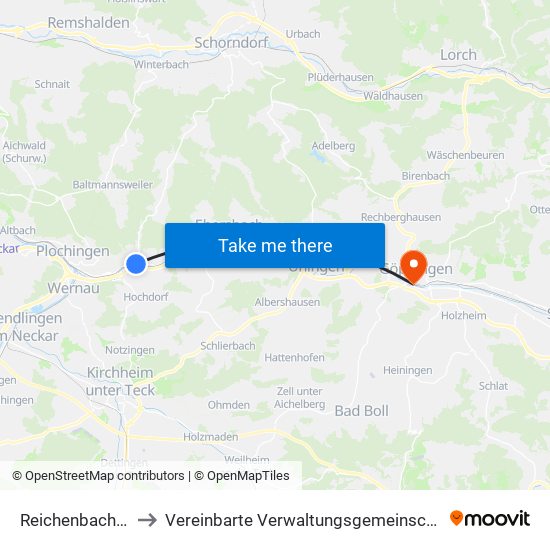 Reichenbach An Der Fils to Vereinbarte Verwaltungsgemeinschaft Der Stadt Göppingen map