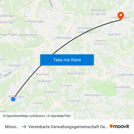 Mössingen to Vereinbarte Verwaltungsgemeinschaft Der Stadt Göppingen map
