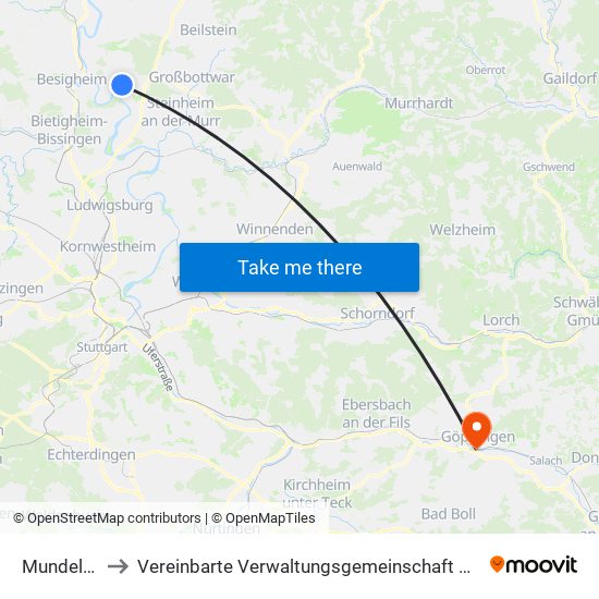 Mundelsheim to Vereinbarte Verwaltungsgemeinschaft Der Stadt Göppingen map