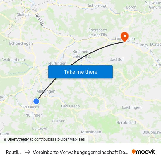 Reutlingen to Vereinbarte Verwaltungsgemeinschaft Der Stadt Göppingen map