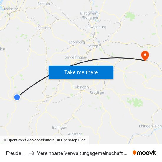 Freudenstadt to Vereinbarte Verwaltungsgemeinschaft Der Stadt Göppingen map