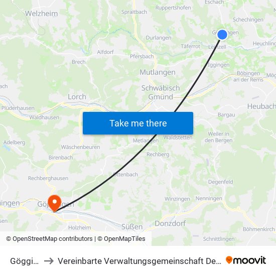 Göggingen to Vereinbarte Verwaltungsgemeinschaft Der Stadt Göppingen map