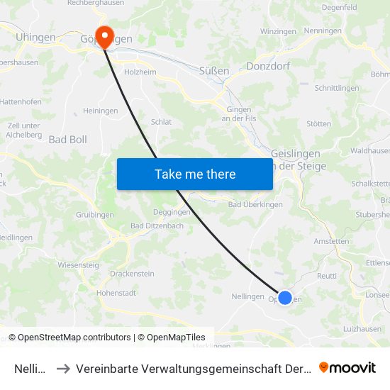 Nellingen to Vereinbarte Verwaltungsgemeinschaft Der Stadt Göppingen map