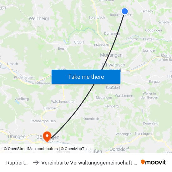 Ruppertshofen to Vereinbarte Verwaltungsgemeinschaft Der Stadt Göppingen map