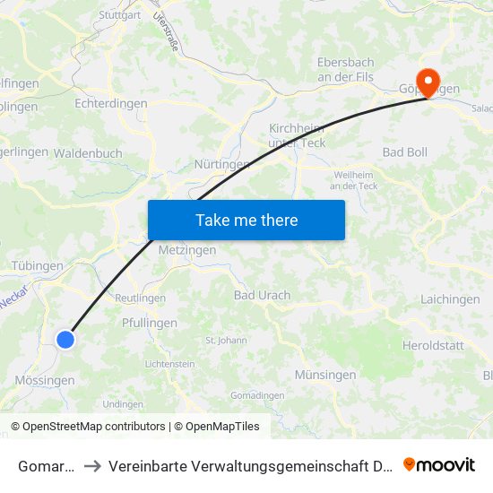 Gomaringen to Vereinbarte Verwaltungsgemeinschaft Der Stadt Göppingen map