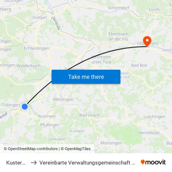 Kusterdingen to Vereinbarte Verwaltungsgemeinschaft Der Stadt Göppingen map