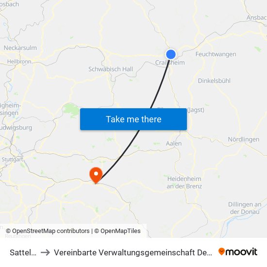 Satteldorf to Vereinbarte Verwaltungsgemeinschaft Der Stadt Göppingen map