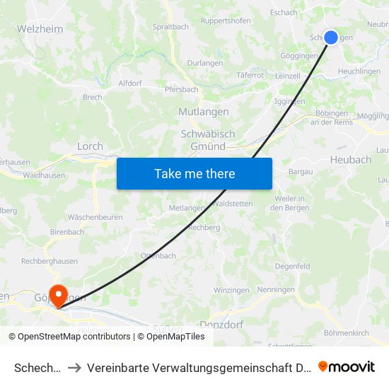 Schechingen to Vereinbarte Verwaltungsgemeinschaft Der Stadt Göppingen map