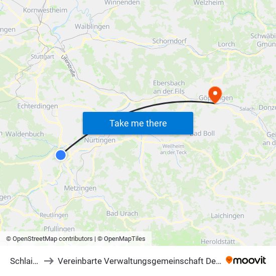 Schlaitdorf to Vereinbarte Verwaltungsgemeinschaft Der Stadt Göppingen map