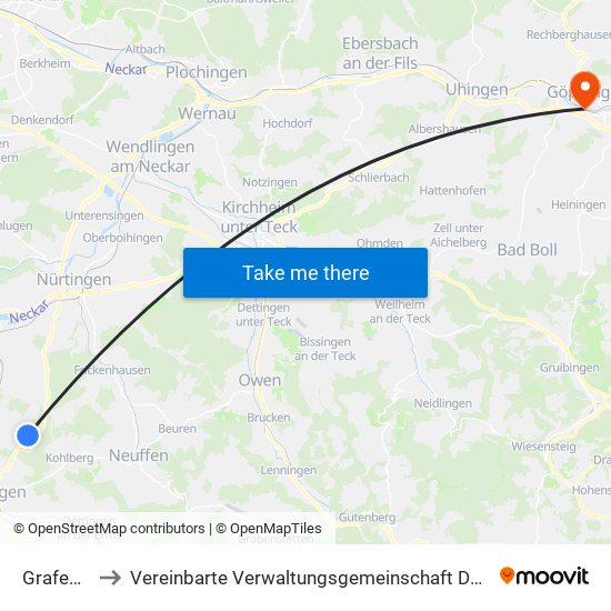 Grafenberg to Vereinbarte Verwaltungsgemeinschaft Der Stadt Göppingen map