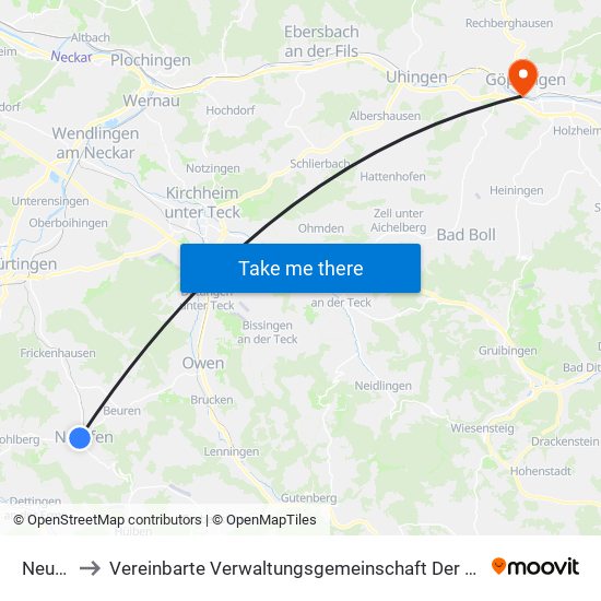 Neuffen to Vereinbarte Verwaltungsgemeinschaft Der Stadt Göppingen map