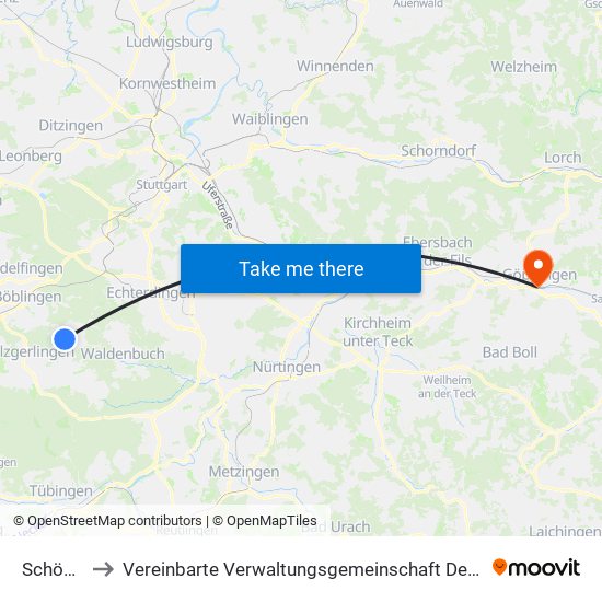 Schönaich to Vereinbarte Verwaltungsgemeinschaft Der Stadt Göppingen map