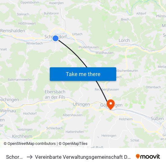 Schorndorf to Vereinbarte Verwaltungsgemeinschaft Der Stadt Göppingen map