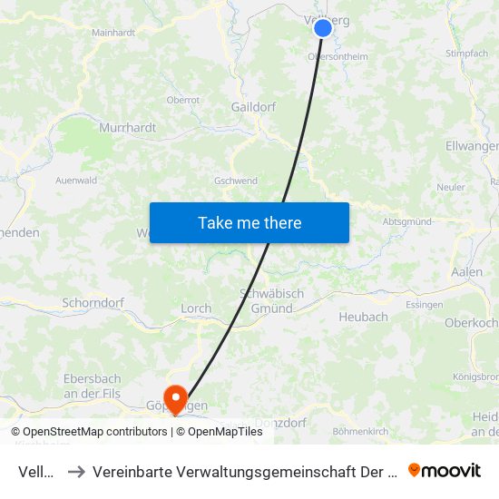 Vellberg to Vereinbarte Verwaltungsgemeinschaft Der Stadt Göppingen map