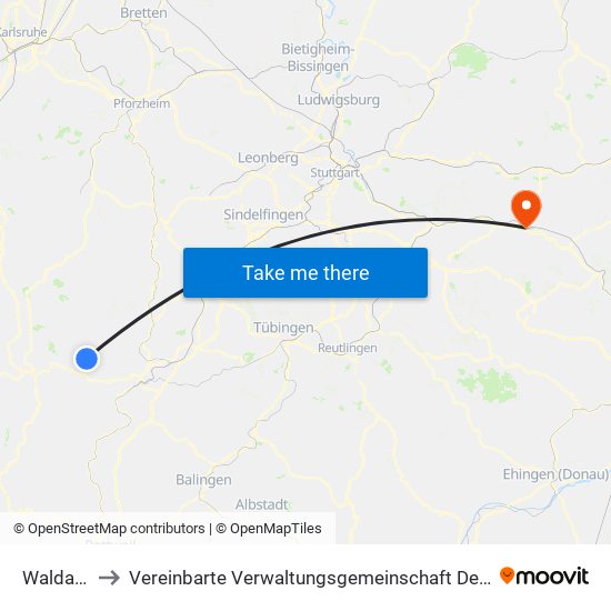 Waldachtal to Vereinbarte Verwaltungsgemeinschaft Der Stadt Göppingen map