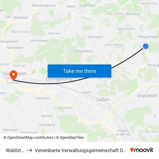 Waldstetten to Vereinbarte Verwaltungsgemeinschaft Der Stadt Göppingen map