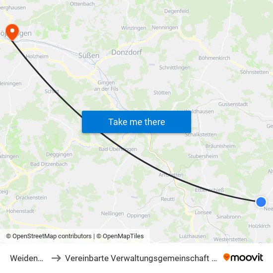 Weidenstetten to Vereinbarte Verwaltungsgemeinschaft Der Stadt Göppingen map