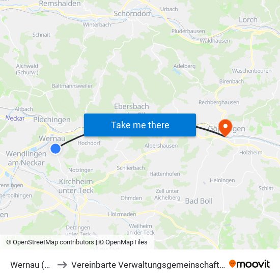 Wernau (Neckar) to Vereinbarte Verwaltungsgemeinschaft Der Stadt Göppingen map