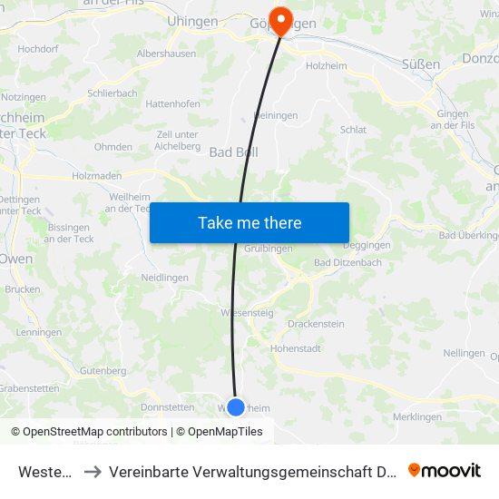 Westerheim to Vereinbarte Verwaltungsgemeinschaft Der Stadt Göppingen map