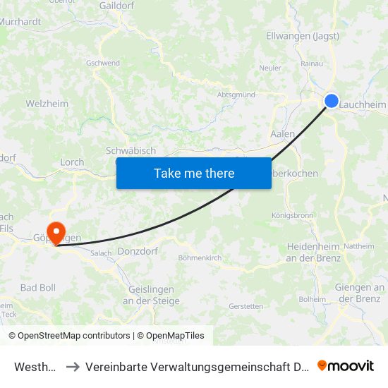 Westhausen to Vereinbarte Verwaltungsgemeinschaft Der Stadt Göppingen map